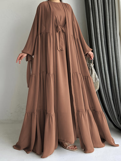 [Brown Abaya Dress] Modest Brown Abaya Dress with Cape Cover | Adjustable Waist Tie Belt, Machine Washable, Breathable Material, Hijabi Style, Casual Attire, Lightweight Fabric, All-Season Wear, Versatile Layering Piece, Flow