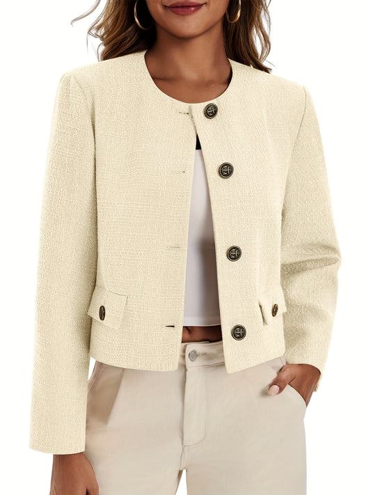 Women's Cropped Tweed Blazer - Collarless Button- Bomber Jacket, Machine Washable Business Casual Coat for Spring Summer Fall, Versatile Office to Weekend Wear