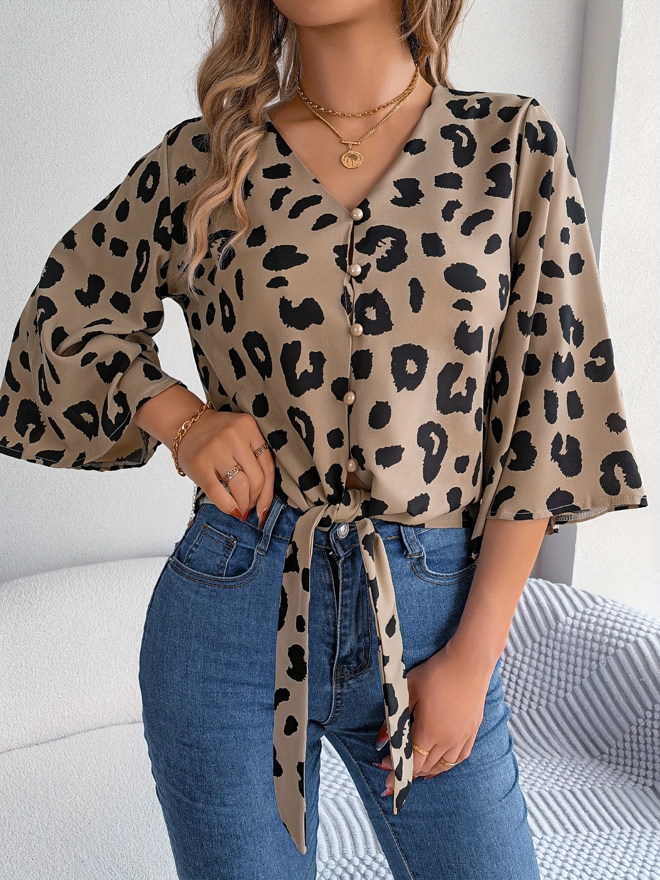 [Leopard Print Tied Bow Top] Elegant Leopard Print Spring & Summer Casual Women's Tied Bow Top