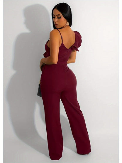Womens Jumpsuits Ruffle Backless V-Neck Sleeveless Casual Belted Wide Leg Pant Romper Party Clubwear
