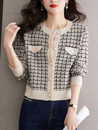 [Classic Plaid Cardigan] Classic Knitwear Women's Short Plaid Cardigan | Loose Fit Long Sleeve Open Front Sweater in Black/White/Beige/Brown | Machine Washable Round Neck Casual Chic Top for Spring & Fall | Autumn Apparel, Co