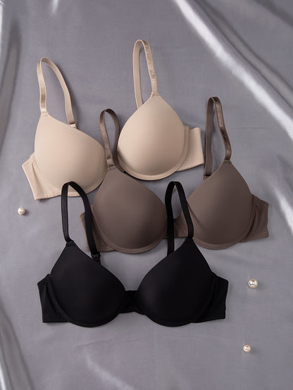 3pcs Women's Ultra-Soft Seamless T-Shirt Bras - Push-Up Support with Breathable Cups, Underwire for Lift, Nude/Beige/Black, Non-Removable Pads, Everyday Comfort for Casual & Formal Wear, Versatile Bra Sizes, Simple Elegant De