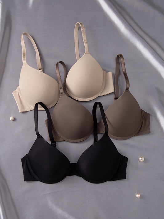 3pcs Women's Ultra-Soft Seamless T-Shirt Bras - Push-Up Support with Breathable Cups, Underwire for Lift, Nude/Beige/Black, Non-Removable Pads, Everyday Comfort for Casual & Formal Wear, Versatile Bra Sizes, Simple Elegant De
