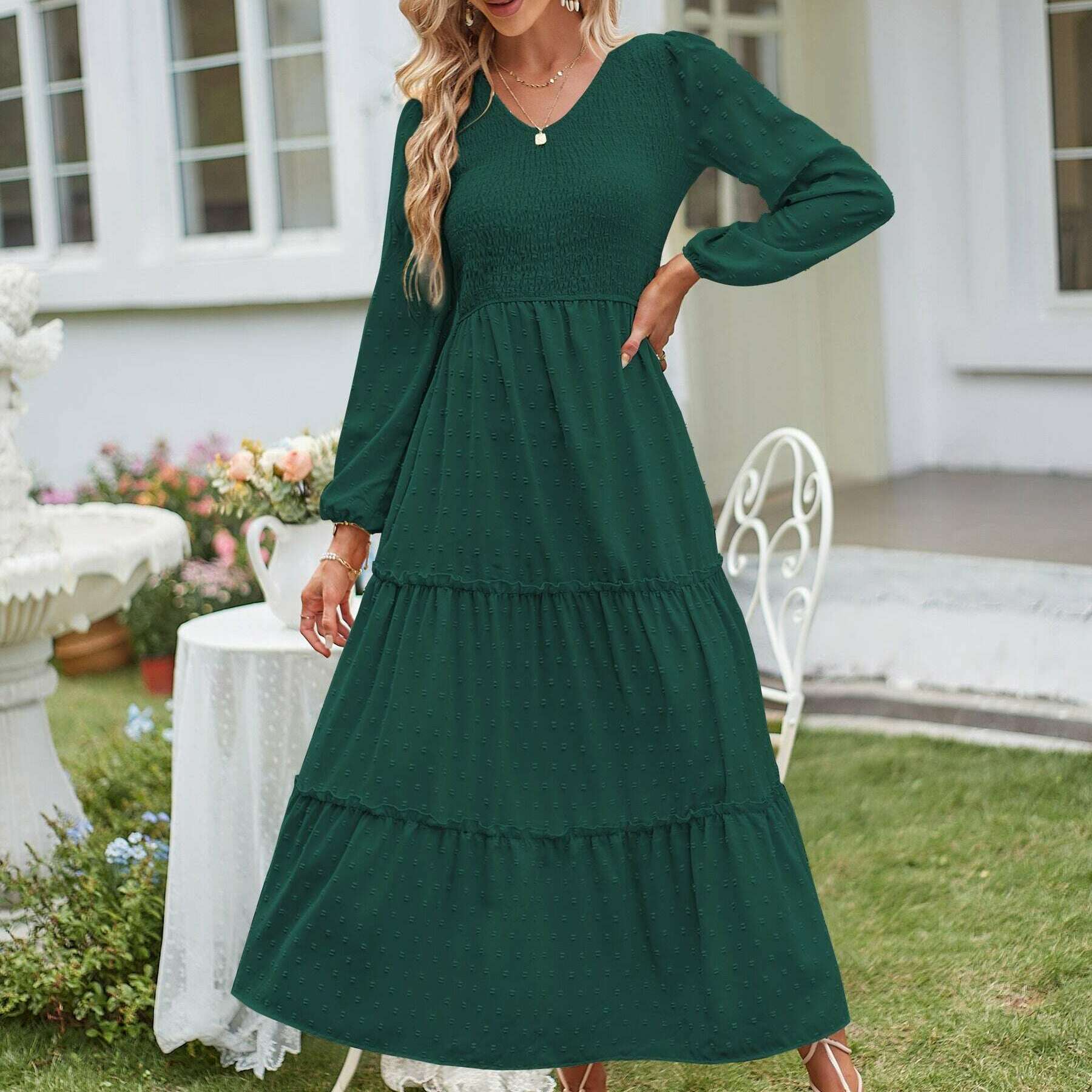 Women's Long Sleeve Swiss Dot V-Neck Maxi Dress with Pockets - D&M Boutique 