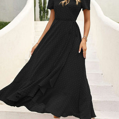 Elegant Women's Swiss Dot Surplice Neck Maxi Dress - D&M Boutique 