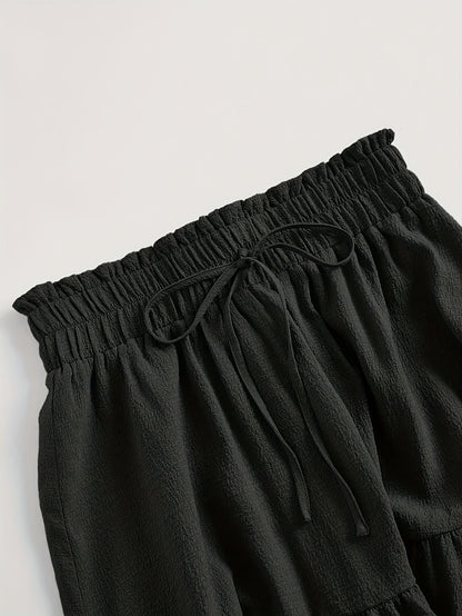 Women'S Two-Piece Solid Color Skirt Set - Black and Olive Green, Casual Style with Drawstring Waist, Elastic Ruffle Hem, Pleated Long Length, All-Season Wear, Casual Attire|Ruffle Hem Skirt|Drawstring Waist Skirt