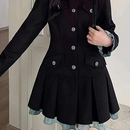 Chic Women's A-Line Pleated Dress with Faux Buttons - D&M Boutique
