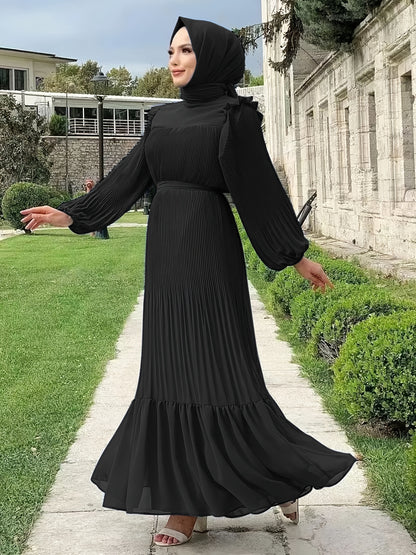 Women's Middle Eastern Muslim Abaya Kaftan Dress - Modest Long Sleeve Ruffled Hem Solid Color Traditional Dress with Belt, Machine Washable All-Season Casual Wear, Modest Apparel | Soft Texture