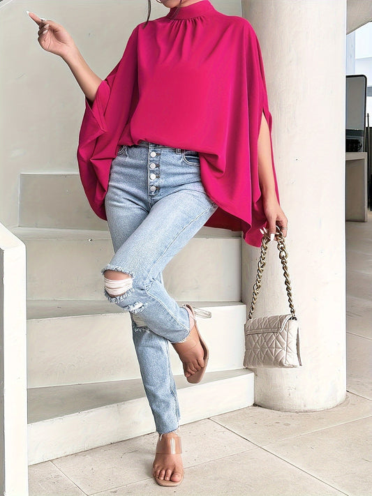 Women's Oversize Smock Neck Knot Back Batwing Sleeve Blouse Shirt Top