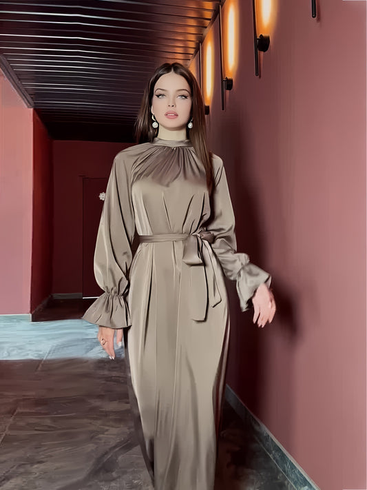 [Brown Satin Dress] Polyester Elegant Brown Satin Women's Dress | Long Sleeve Round Neck with Belt, Solid Color Ruffle Design, Perfect for Parties or Formal Occasions, Spring/Summer Collection, Formal Attire