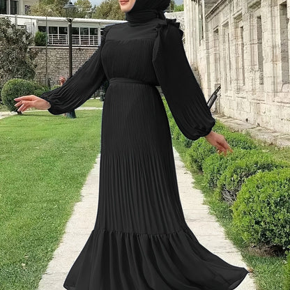 Women's Middle Eastern Muslim Abaya Kaftan Dress - Modest Long Sleeve Ruffled Hem Solid Color Traditional Dress with Belt, Machine Washable All-Season Casual Wear, Modest Apparel | Soft Texture