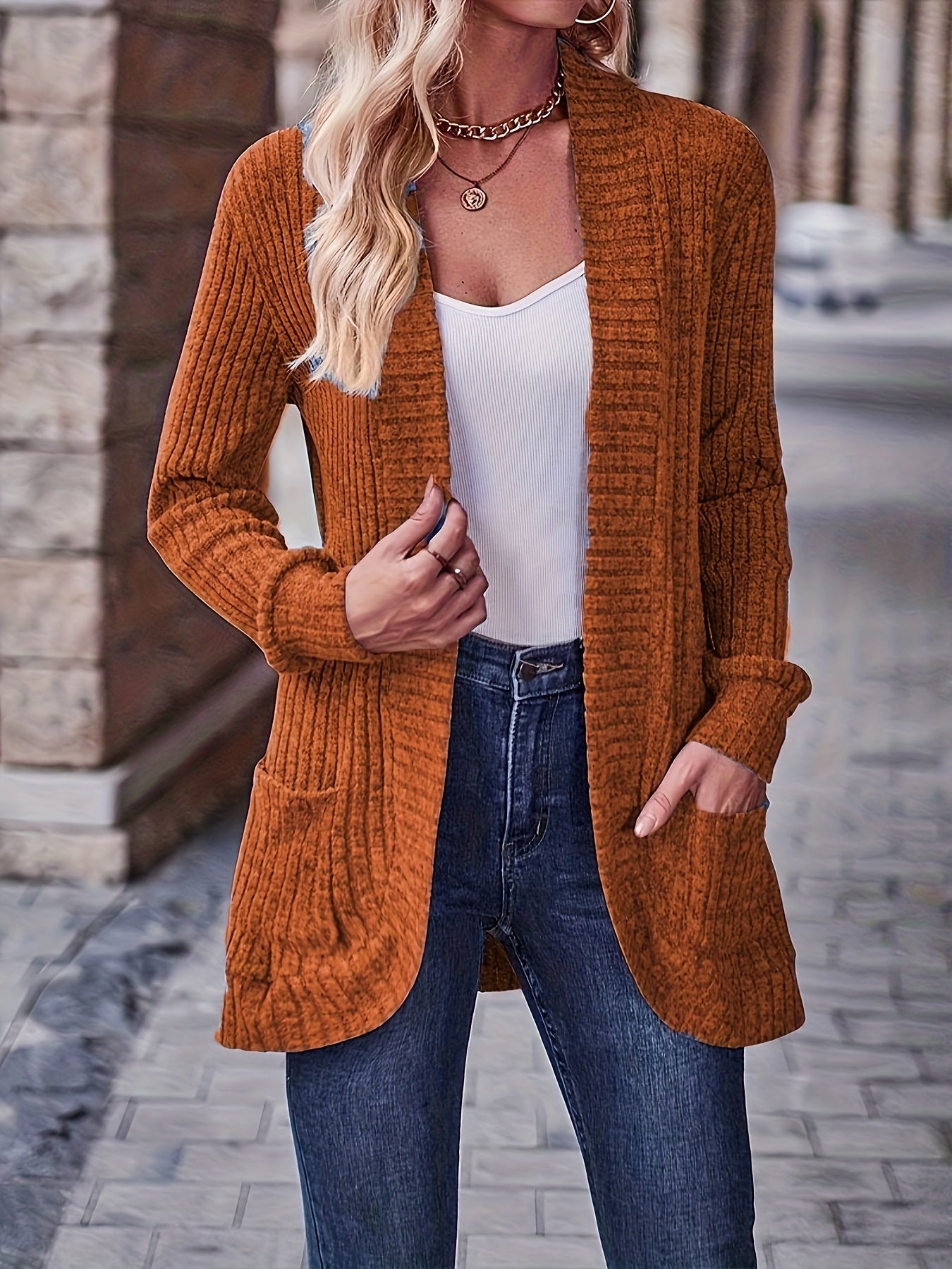 [Elegant Women's Blouse] Elegant & Chic Women's Loose Fit Long Sleeve Blouse | Open Collar Casual Top with Side Pockets, Machine Washable, Mustard-Yellow, Non-Transparent, All-Season, Medium Elasticity, Versatile, Quality Sti