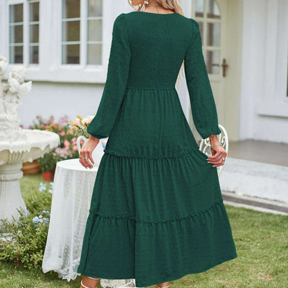 Women's Long Sleeve Swiss Dot V-Neck Maxi Dress with Pockets - D&M Boutique 