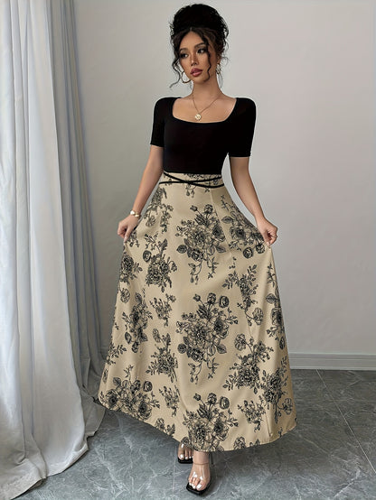 Retro Square Neck Short Sleeved Printed High Waisted And Stylish Elegant Dress