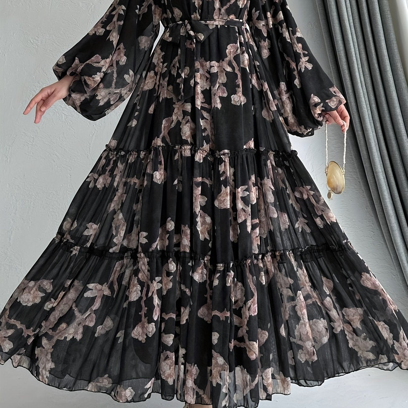 Women'S Elegant Black Floral Print Maxi Dress with Belt - Perfect for All Seasons, All-Season Dress | Floral Print Dress | Ruffled Hemline, Dress