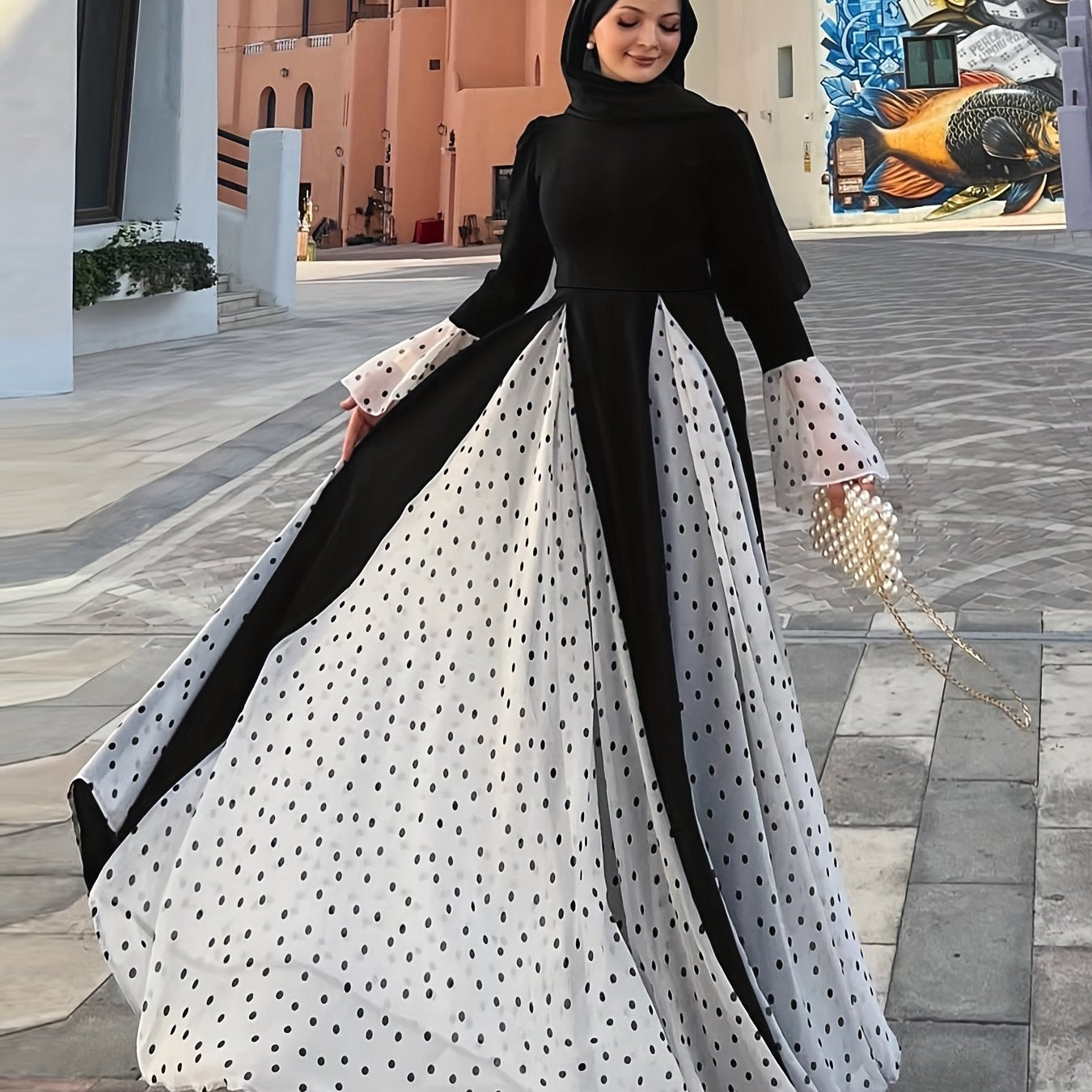 [Elegant, Women's Long Dress] Long Sleeve Women's Elegant Middle Eastern-Inspired Polka Dot & Color-Block Dress | Machine Washable, All-Season, Versatile for Casual, Party, Vacation | Modest Traditional Attire, Chiffon Fabric