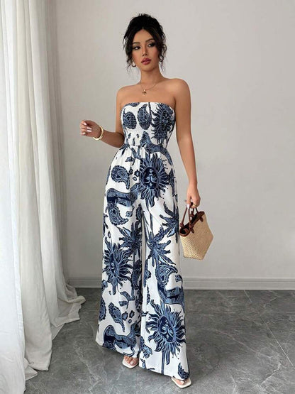 [Silklike Jumpsuit] Women's Lightweight Silklike Sleeveless Off-Shoulder Smocking Jumpsuit | Geometric Digital Print Wide-Leg Beachwear, Machine Washable Non-Stretch Fabric for Vacation & Casual Outings, Summer Outfit, Smooth