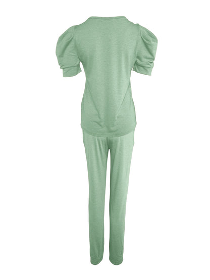 [Xianluomao Two-Piece Suit] Xianluomao Round Neck Puff Sleeve Top + Pants Two-Piece Suit | Directional