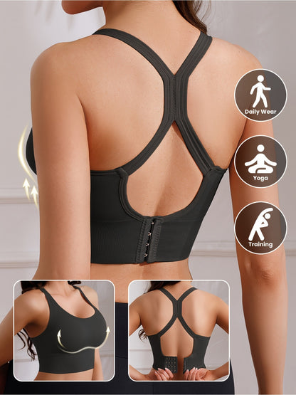 5pcs Women's X-Back Sports Bras with Removable Pads - Wire-Free Breathable High-Impact Workout Tops, Adjustable Straps & Full Coverage Support, 10 Color Options (Green, Black, White, Blue, Navy, Pink, Grey, Beige, Brown, Purp