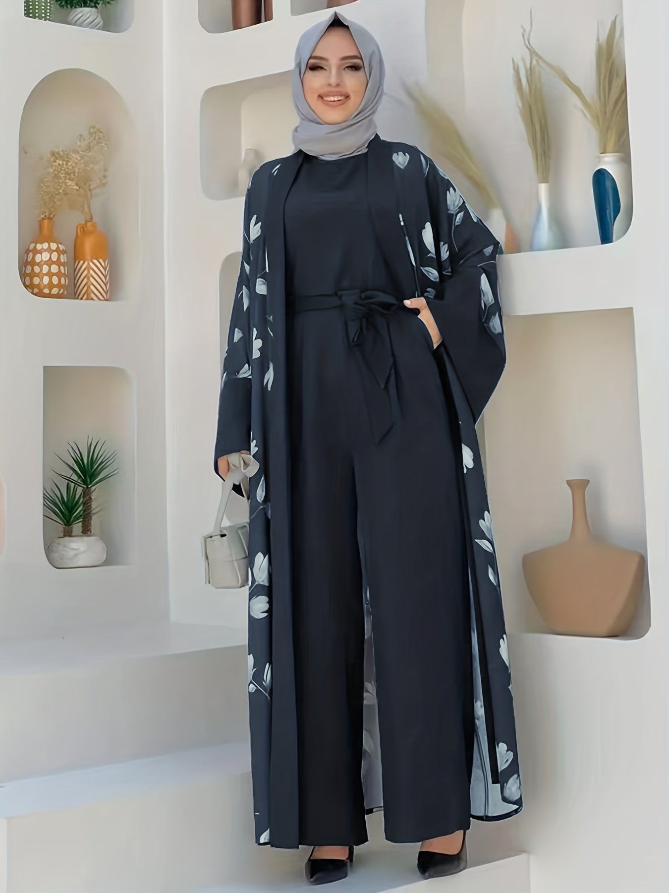 Middle Eastern Muslim Print Jumpsuit Two-Piece Set for Women Without Headscarf