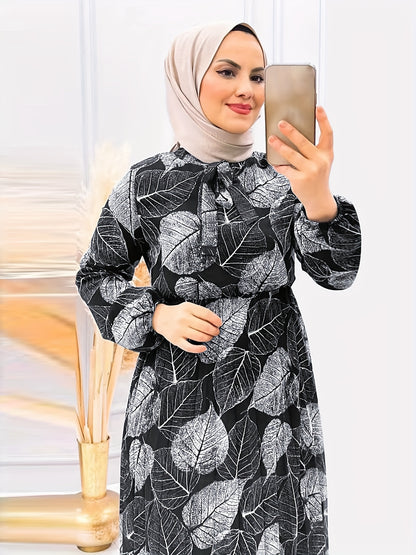[Modest Wear Muslim Dress] Modest Wear Muslim Dress - Black & White Leaf Print Long Sleeves Polyester Blend - Pleated Waist Design, Machine Washable for All Seasons