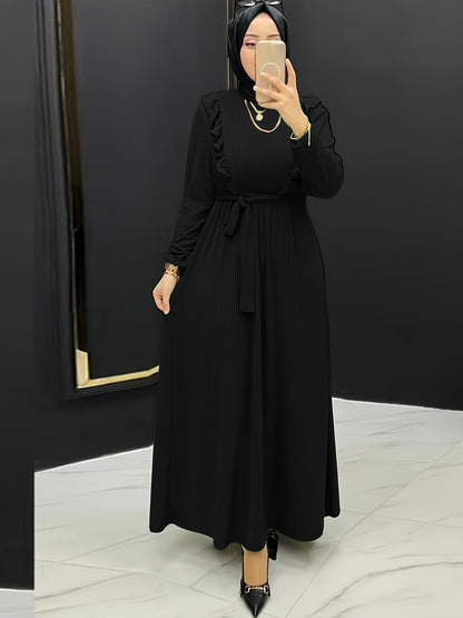 Elegant, Comfortable Solid Color Maxi Dress for Women - Polyester & Spandex Blend, Machine Washable, Belt Detail, Perfect for All Seasons