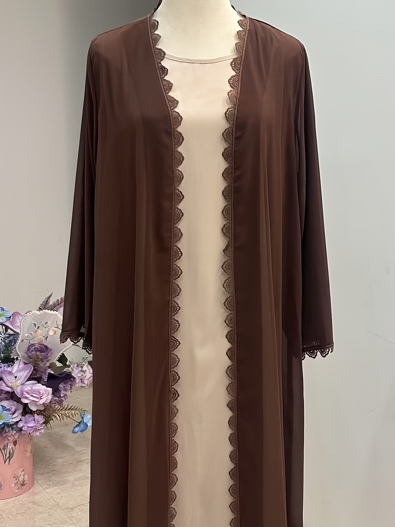 Middle Eastern Muslim Fashion Long Sleeve Embroidered Contrast Lace Abaya Dress with Hijab Three-Piece Set