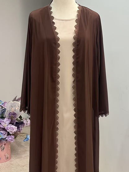 Middle Eastern Muslim Fashion Long Sleeve Embroidered Contrast Lace Abaya Dress with Hijab Three-Piece Set