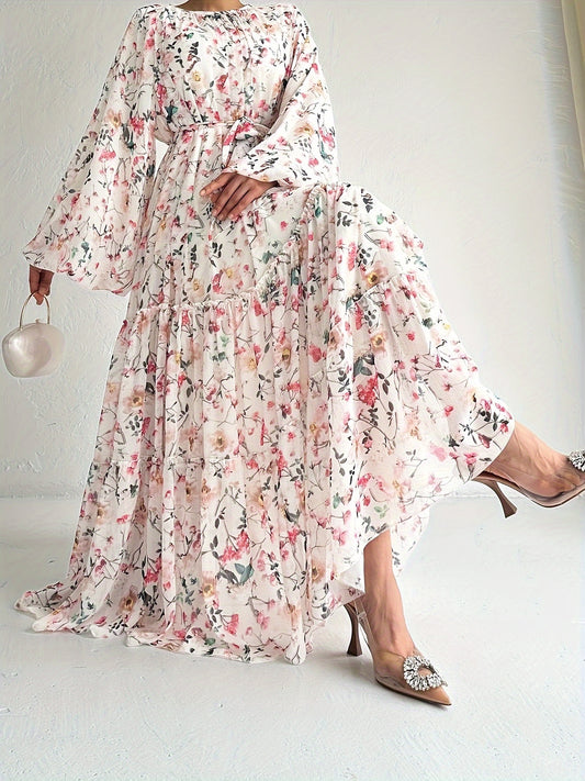 Women’s Floral Maxi Kaftan Dress – Long Sleeve, Crew Neck, Versatile
