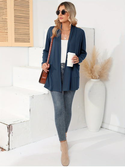 Spring & Autumn Women's Casual Solid Color Cardigan – Open Placket with Double Pocket Design