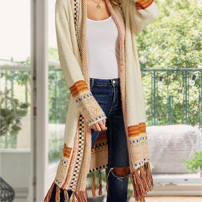 Women Boho Cardigan Sweater Long Open Front Maxi Knit Sweaters Aztec Tribal Tassel Fringe Thin Coat