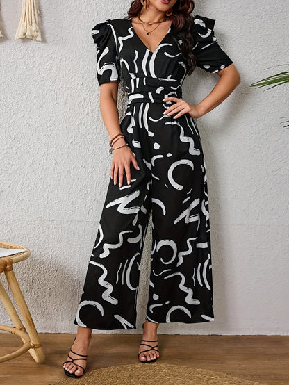 Women's Elegant V-Neck Geometric Print Jumpsuit - Wide-Leg Short Sleeve Machine Washable Non-Stretch Fabric, Spring Summer Fall Casual & Occasion Wear, Clothes for Ladies, Versatile Clothing, Stylish Outfit, Comfortable Fabri