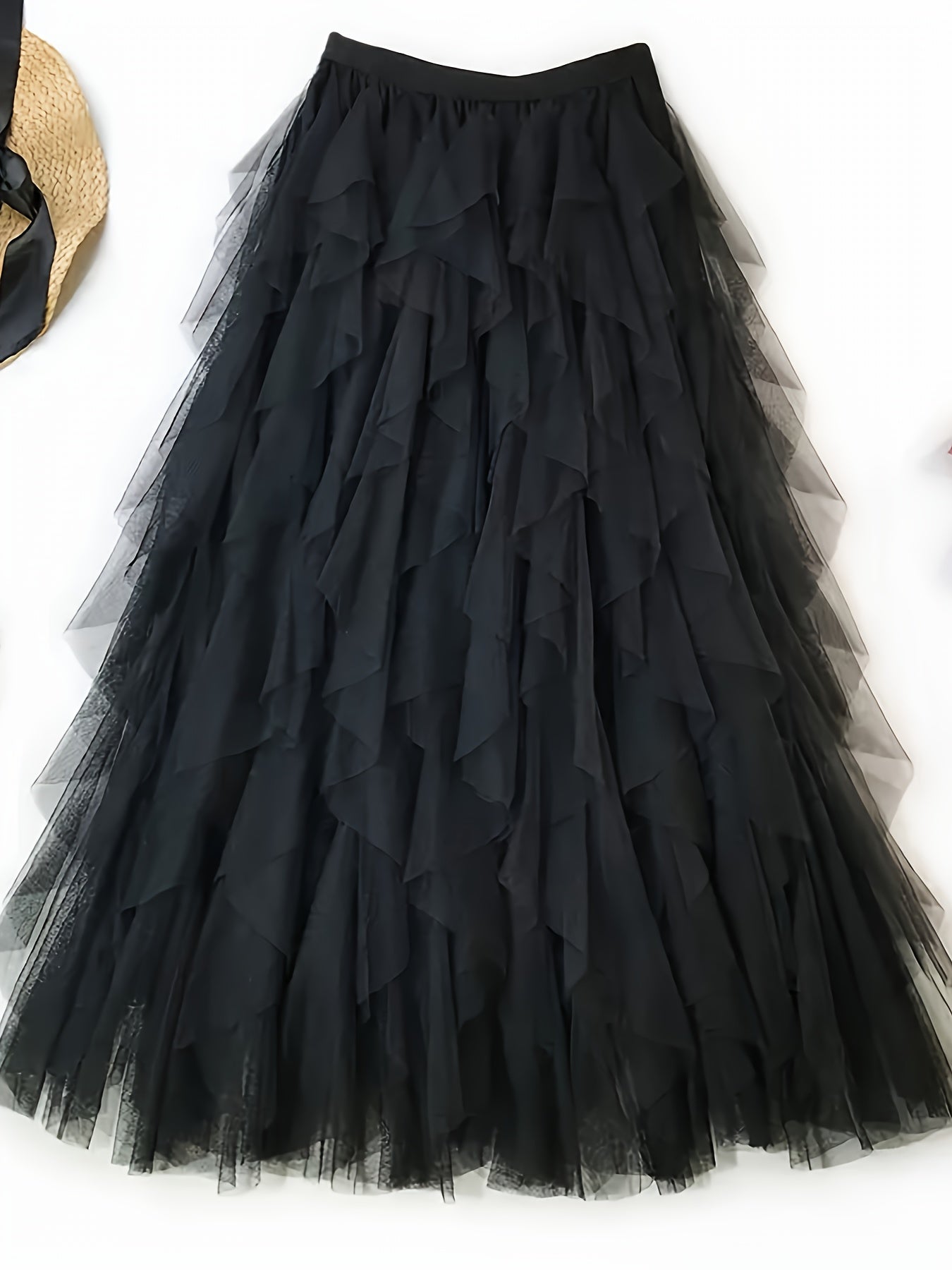 Chic Elegance, Elegant High-Waist A-Line Tulle Skirt for Women - Chic Korean-Style Spring Collection, Sheer Brown Polyester with Delicate Mesh Layers, Perfect for Summer Skirt