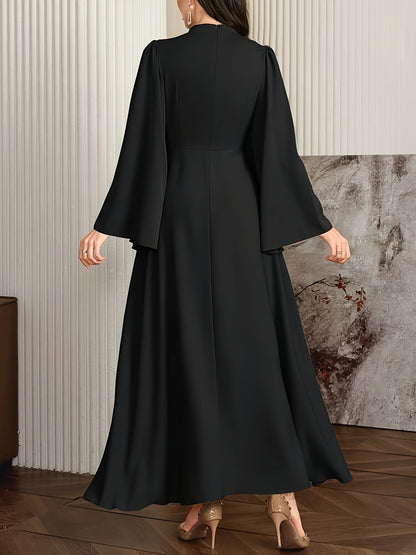 [Muslin Ramadan Dress] Ramadan Women's Evening Dress, Muslin Arabic Gown with Long Flared Sleeves, Stand Collar, Side Embellishments