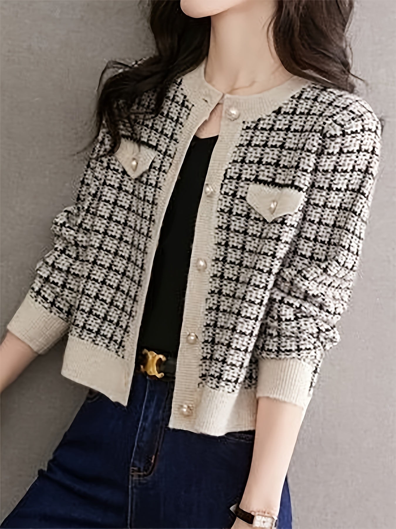 [Classic Plaid Cardigan] Classic Knitwear Women's Short Plaid Cardigan | Loose Fit Long Sleeve Open Front Sweater in Black/White/Beige/Brown | Machine Washable Round Neck Casual Chic Top for Spring & Fall | Autumn Apparel, Co