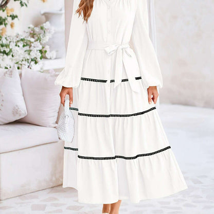 Women'S Spring Casual Dress Loose Drawstring Lantern Sleeve Long Sleeve Tier Dress With Pockets