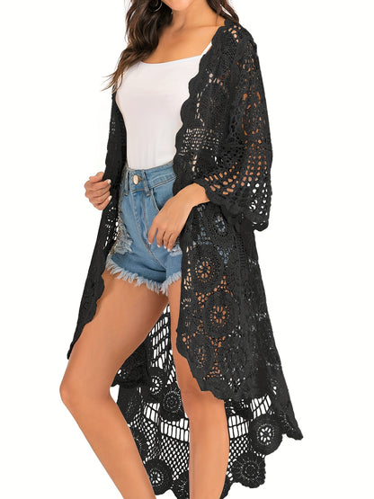 [Boho Crochet Cardigan] Boho Crochet Duster Cover for Women | Black & White Contrast Mesh Design, Open Front Summer Cardigan, Versatile Layering Piece, Casual or Stylish Outfits