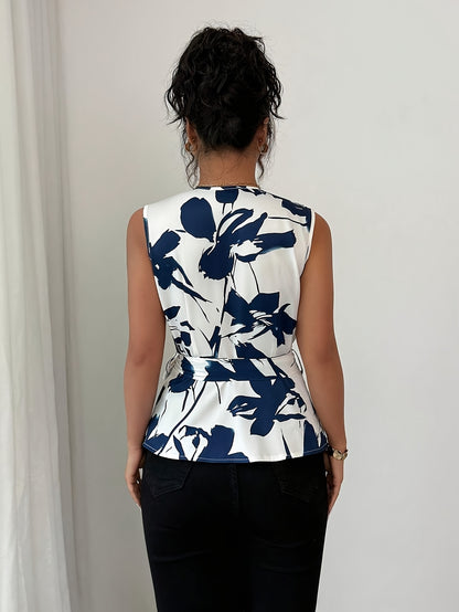 [Elegant Floral Blouse] Lightweight Polyester Elegant Women's Floral Print V-Neck Sleeveless Blouse with Belt | Perfect for Spring/Summer, Casual to Formal Wear, Casual Attire|Vneck Blouse|Polyester Fabric