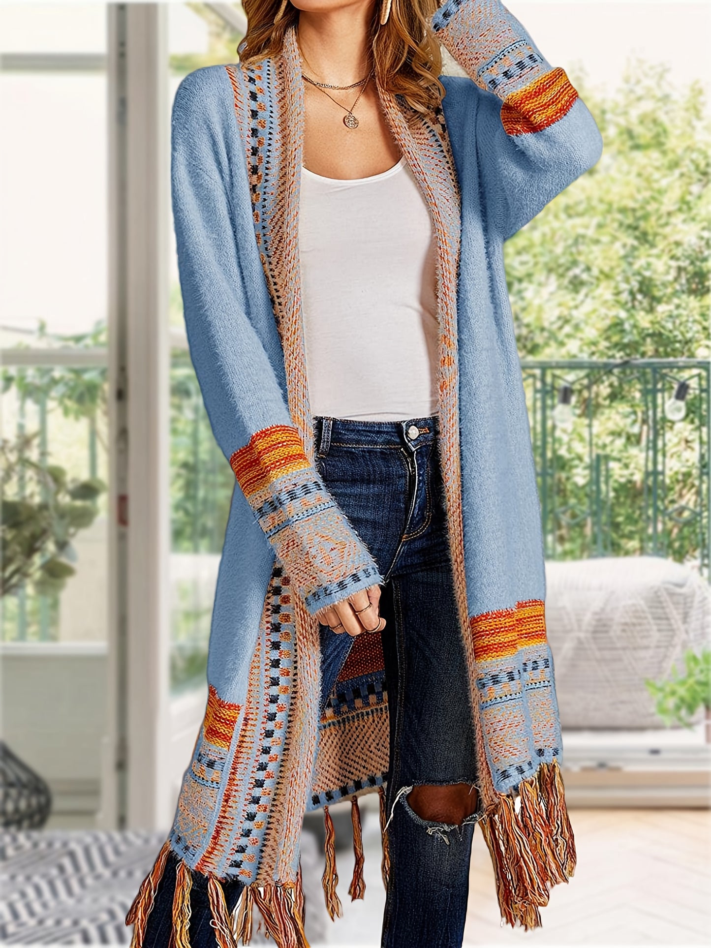 Women Boho Cardigan Sweater Long Open Front Maxi Knit Sweaters Aztec Tribal Tassel Fringe Thin Coat