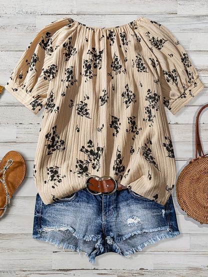 Women'S Floral Print Blouse - Beige & Black Floral Shirt with Button Front Placket, Lightweight Summer Tops for Casual & Formal Outfits - Everyday Chic Women'S Clothing, Floral Print Blouse, Spring Fashion, Elegant Design, Br