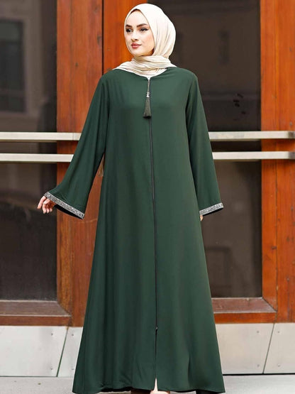 Women's Elegant Long Skirt Long Sleeve V-Neck Long Sleeve Tassel Zip Dress, Loose Boxing Prayer Dress, Machine Washable, Suitable for Eid al-Fitr, Family Celebrations and Spring and Summer Muslim Attire