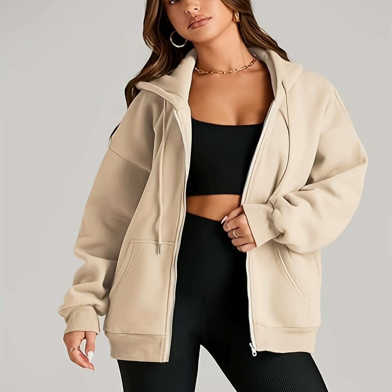 Women's Casual Zip-Up Hoodie with Pockets, Cotton Blend - D&M Boutique 