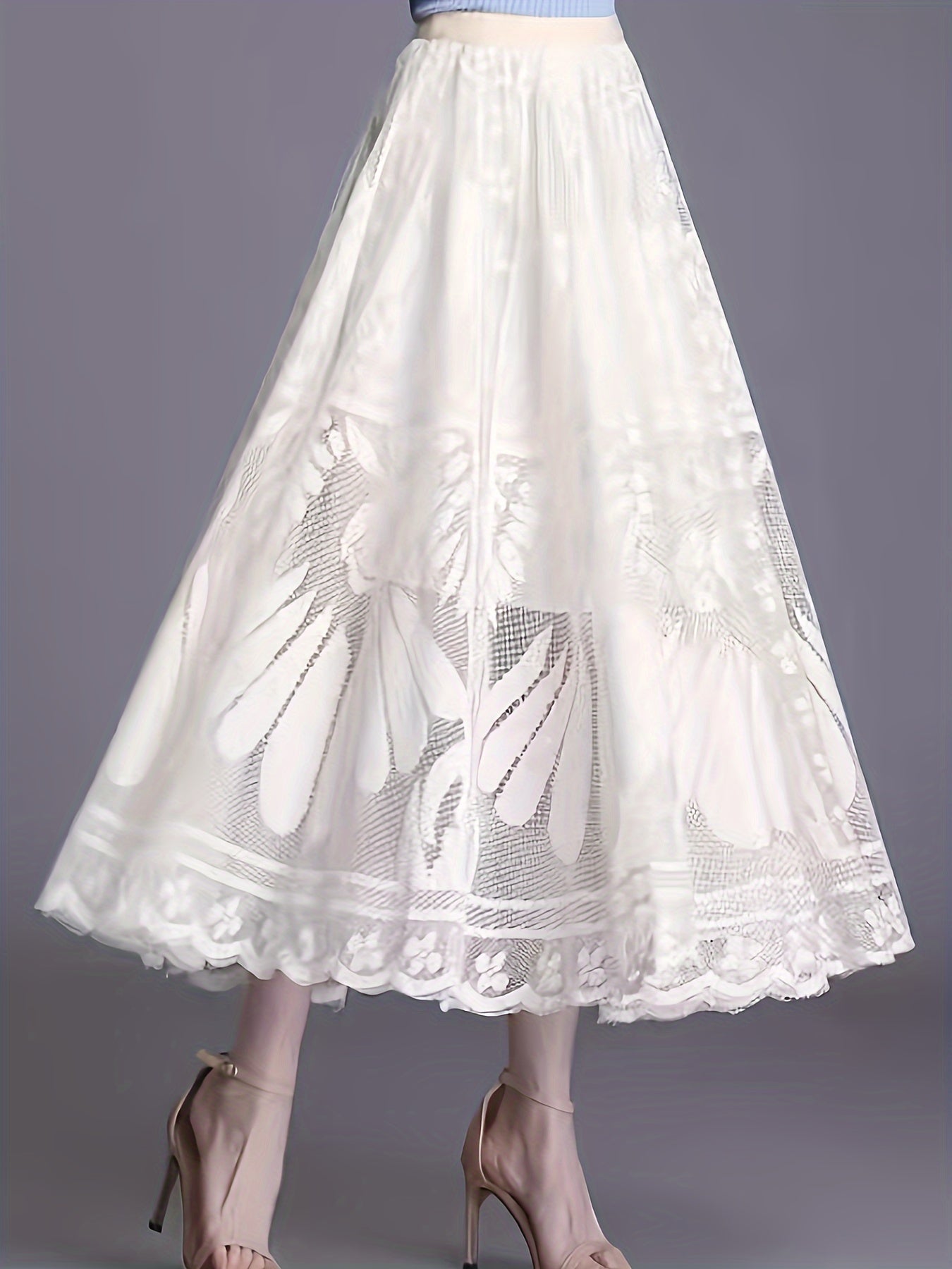 Elegant Women's A-Line Lace Skirt - Long Pleated Design with Intricate Floral Patterns, Lightweight Polyester, Ideal for Spring/Summer/Fall Events, Spring Summer Fashion|Aline Skirt|Polyester Fabric