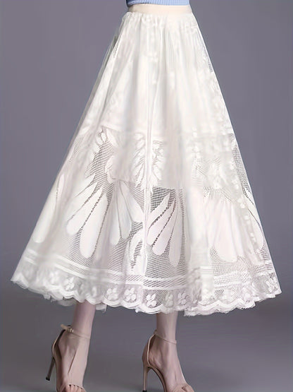 Elegant Women's A-Line Lace Skirt - Long Pleated Design with Intricate Floral Patterns, Lightweight Polyester, Ideal for Spring/Summer/Fall Events, Spring Summer Fashion|Aline Skirt|Polyester Fabric