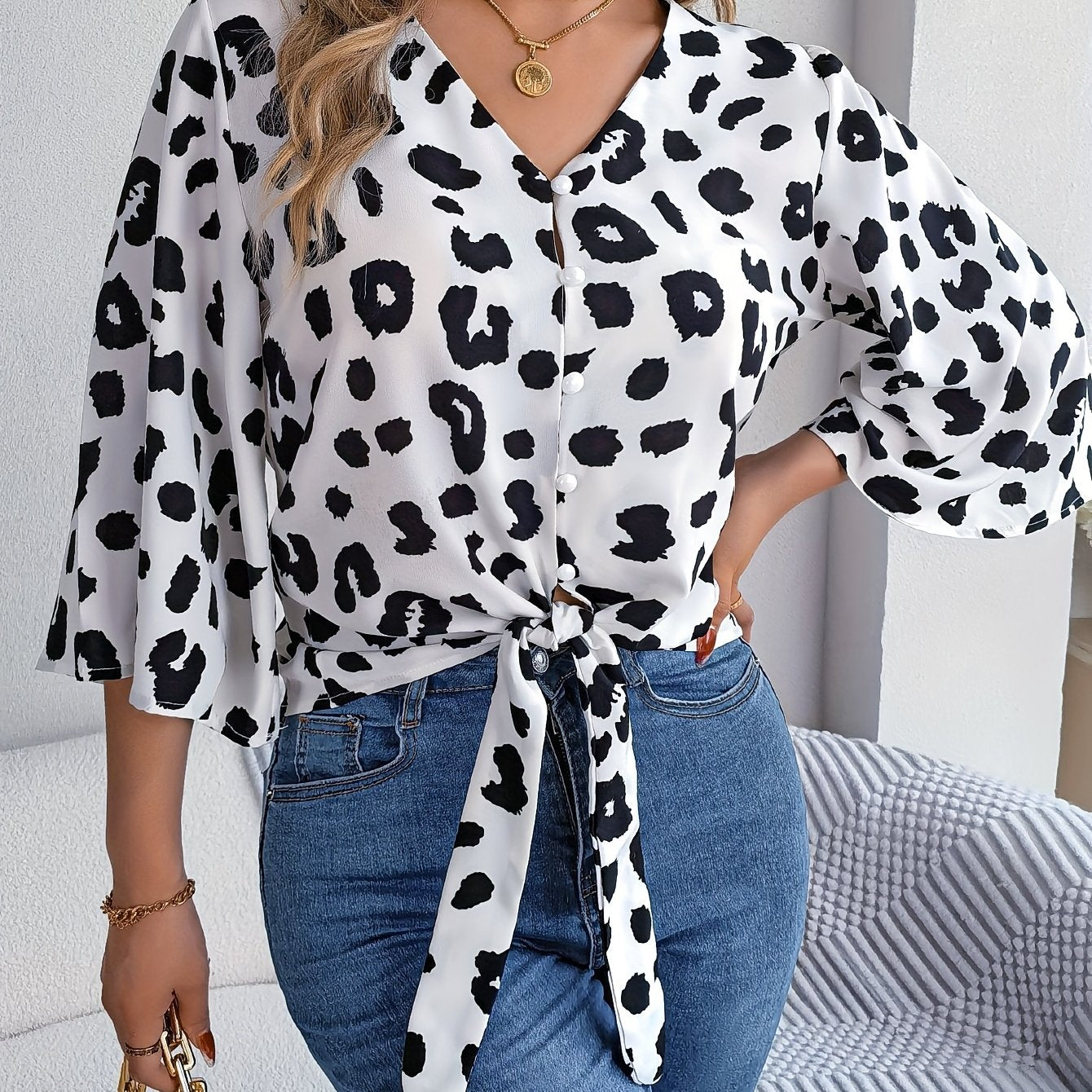 [Leopard Print Tied Bow Top] Elegant Leopard Print Spring & Summer Casual Women's Tied Bow Top