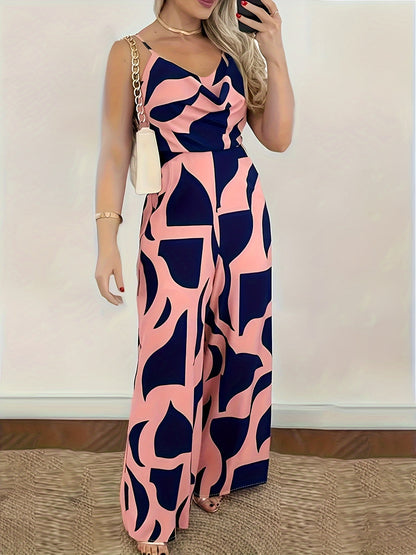 Women's Elegant Off-Shoulder High Waist Wide Leg Jumpsuit - Geometric Print Sleeveless Casual Outfit, Machine Washable Non-Stretch Fabric with Ruching Detail for All-Season Wear, Ladies Rompers And Jumpsuits, Smooth Texture F