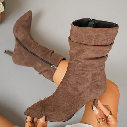 Women's Plus Size Chic Pointed Toe Boots - Slip-resistant Rubber Sole, Elegant Side Zipper Closure, Soft Fabric Lined Interior - Brown Formal & Everyday Boots for Women, Professional Footwear