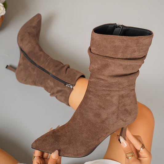 Women's Plus Size Chic Pointed Toe Boots - Slip-resistant Rubber Sole, Elegant Side Zipper Closure, Soft Fabric Lined Interior - Brown Formal & Everyday Boots for Women, Professional Footwear