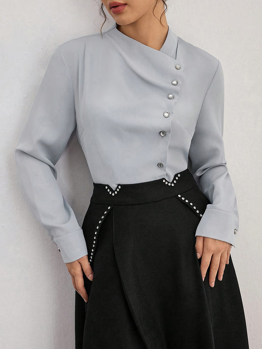 Women's Elegant French-Inspired Lace-Up Blouse with Cross Neckline & Pleated Detailing - Thick Non-Pilling Long Sleeve Shirt, Machine Washable Solid Color Top for Spring/Fall Office & Casual Wear, Lace Long Sleeve Top, Profes