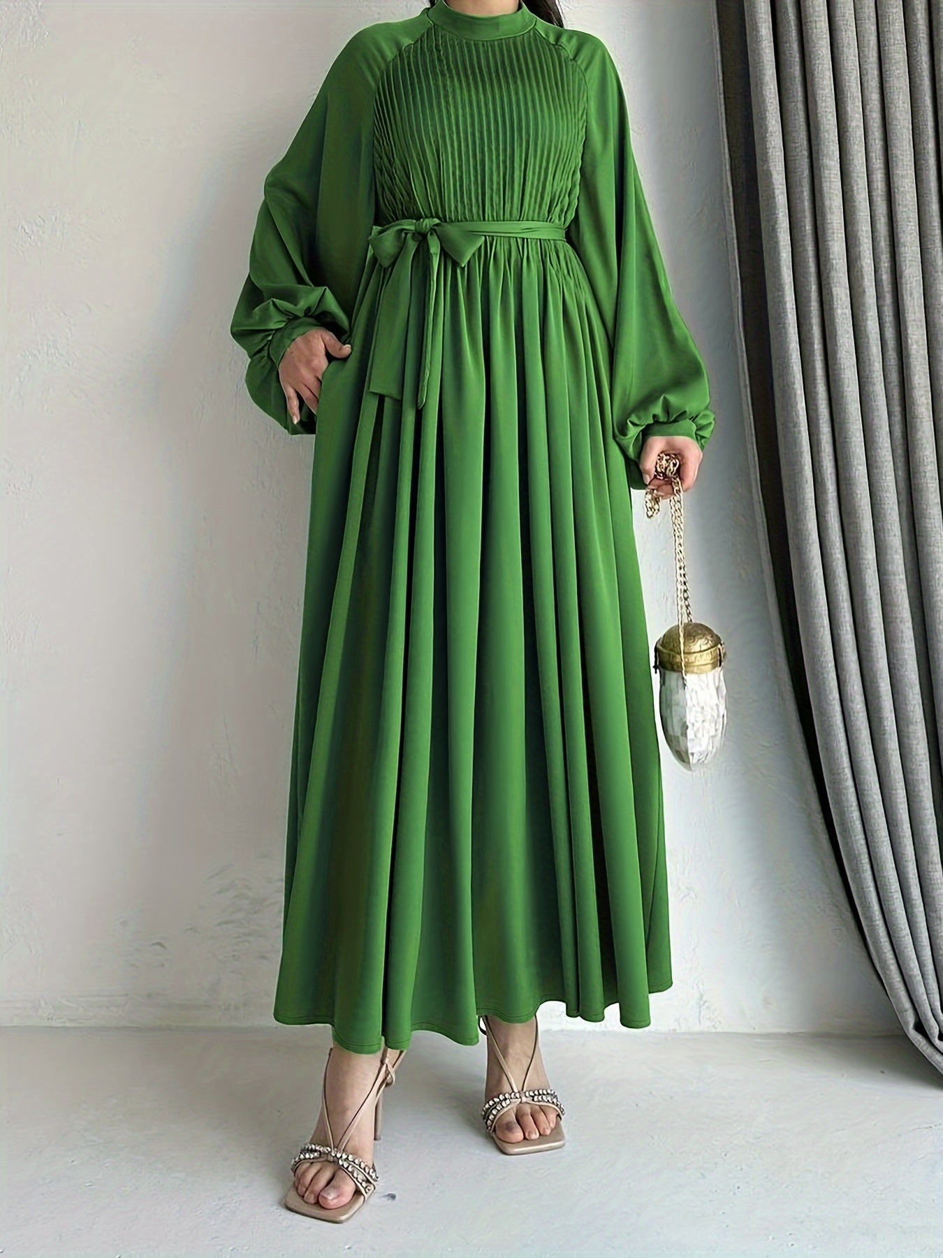 Solid Pleated Mock Neck Modest Dress, Elegant Lantern Sleeve Belted Ruffle Hem Maxi Dress, Women's Clothing